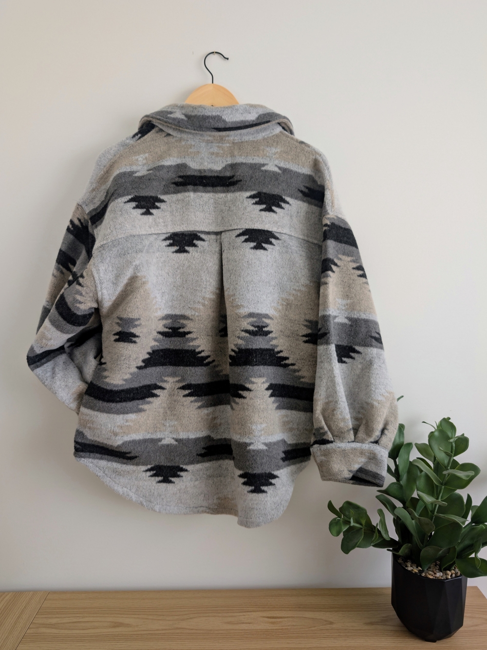 Aztec Pattern Button-Up Shacket in Gray and Tan - Picture 2 of 8
